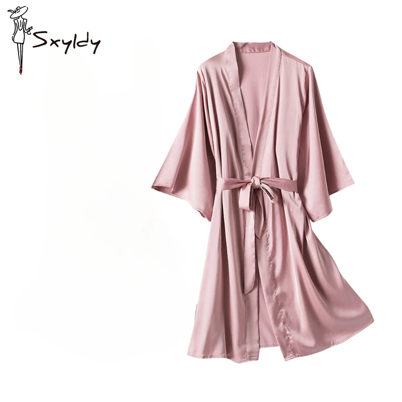 Women\'s Solid Robe Gown Satin Sexy V-Neck Sleep Dress Kimono Pajamas Night-Robe Spring Summer Nightgown Female Lounge Home Dress