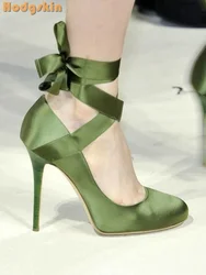 Sweet Riband Strappy Pumps Butterfly-knot Pointed Toe Shallow Thin Heels Mary Janes 2025 Spring Women New Lace-up Dress Shoes