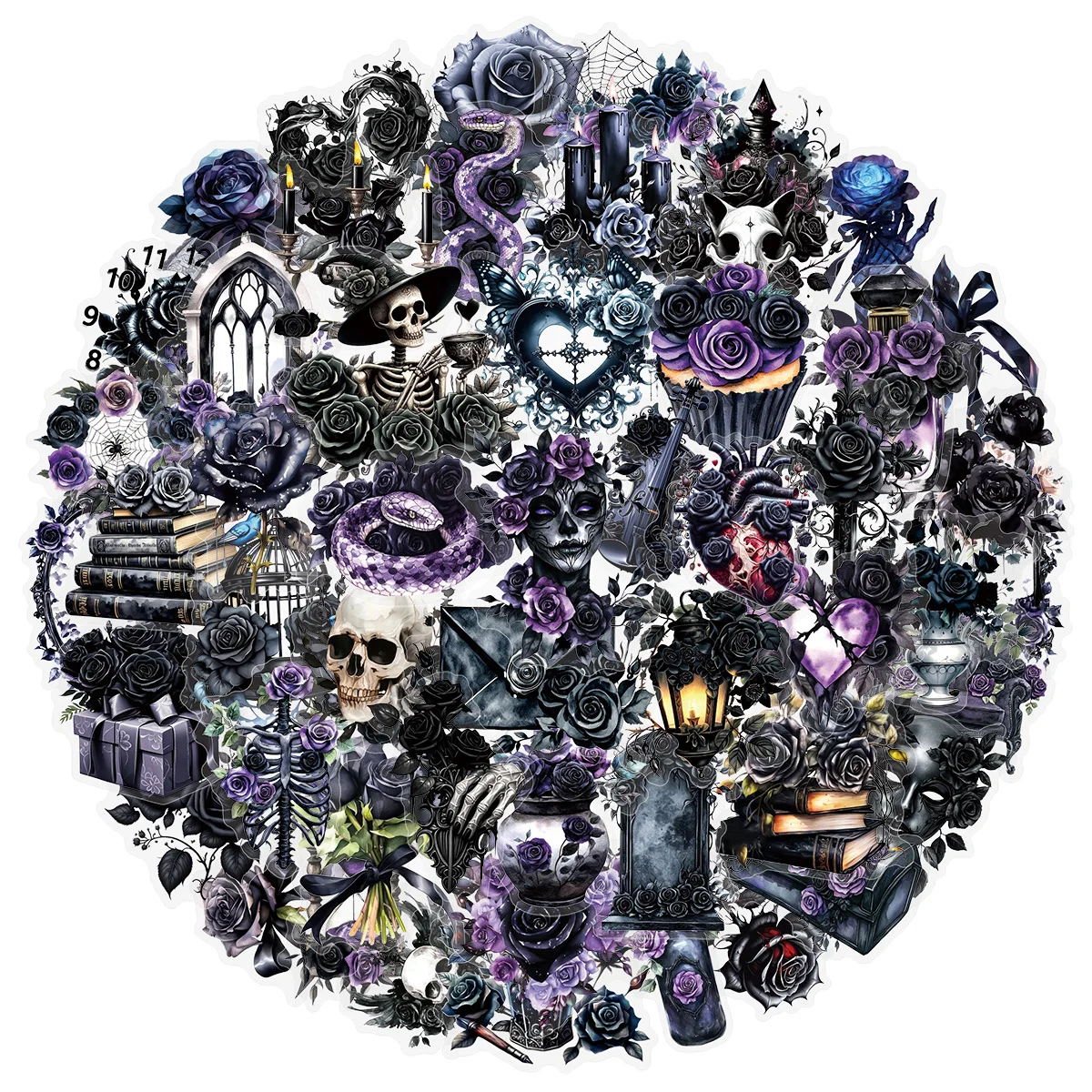 50pcs Gothic Rose Stickers Waterproof PET Material Reusable Decorative Decals for Cups Phones Guitars Diaries
