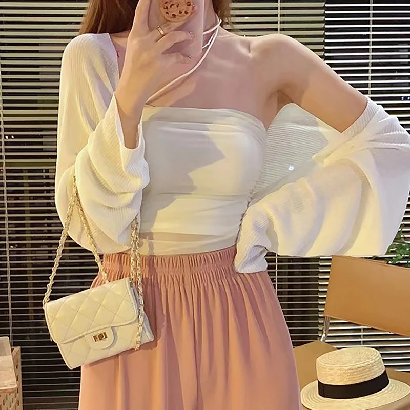 Summer Ice Silk Short Knitted Sunscreen Cardigan Women Solid Color Long Sleeve Thin Smock