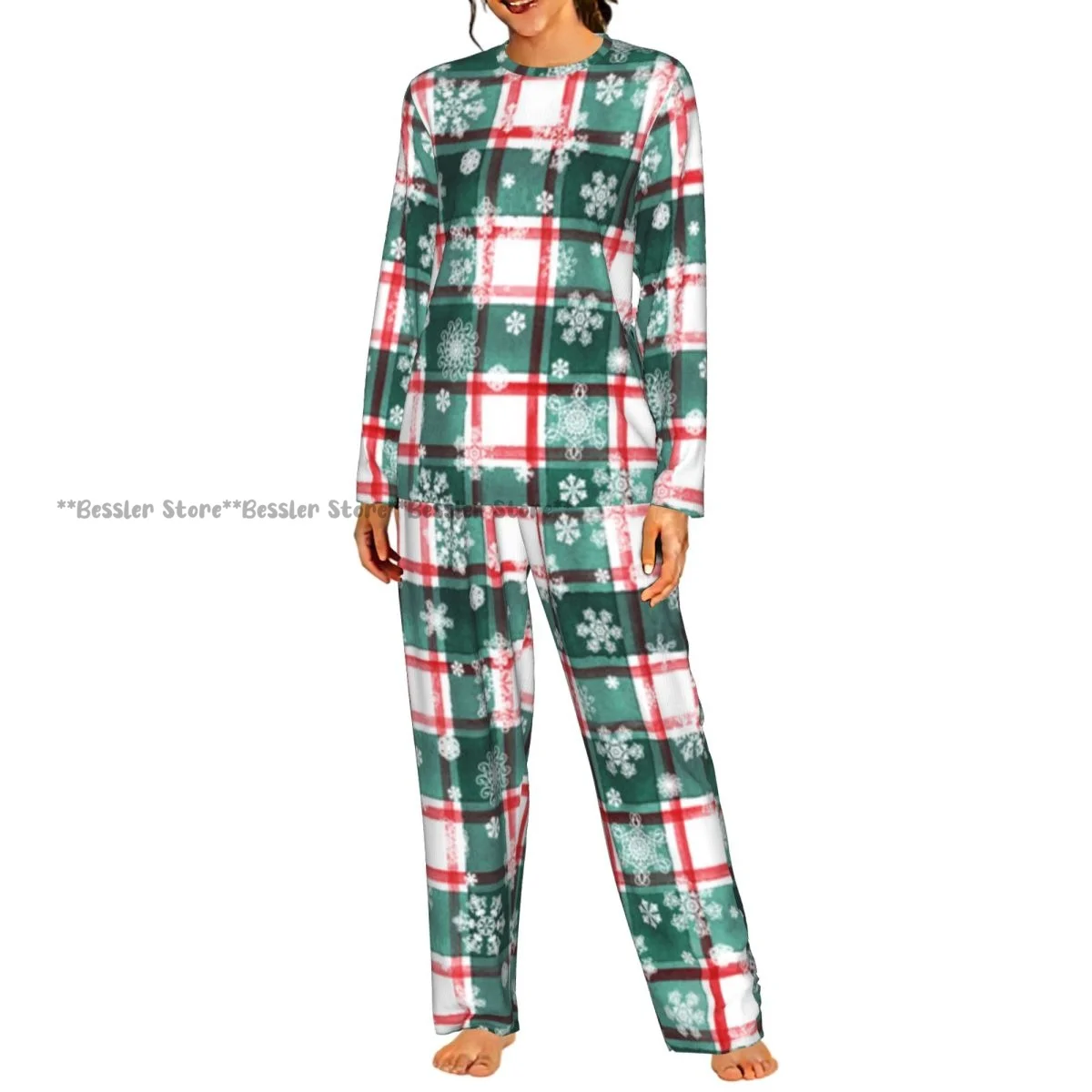 Ladies Soft Pajamas Set Stripe Plaid Pattern Snowflakes Background Round Neck Long Sleeve Long Pants Casual Loose Homewear