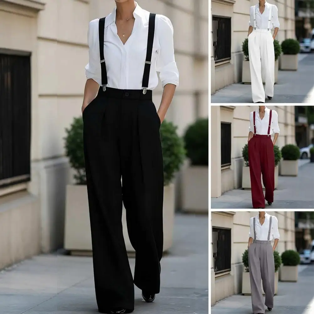 Women's High Waist Wide Leg Suspender Trousers with Detachable Gray Straps Office Business Pants