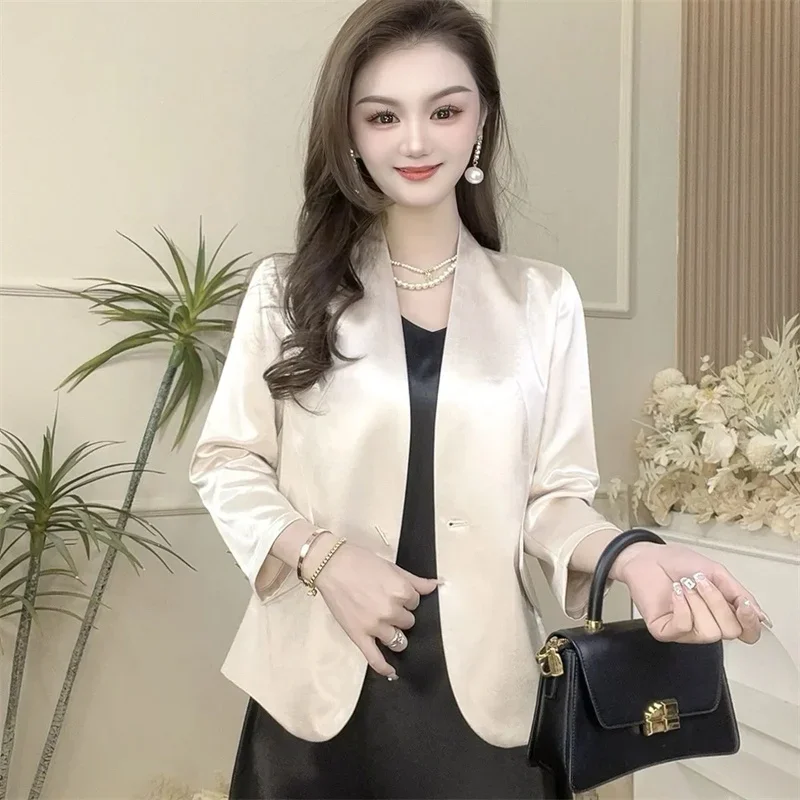 Pop Pop Spring Satin High-End Temperament Suit Jacket For Women 2025 New Slim Fit Fashion And Slim Suit Famale Blazer White Cham