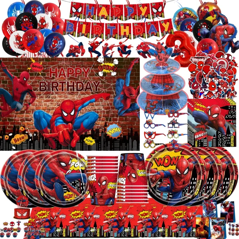 

Spiderman Birthday Decoration Tablecloth Paper Cups Plates Tableware Supplies Spiderman Theme Backdrop Balloons For Kids Gifts