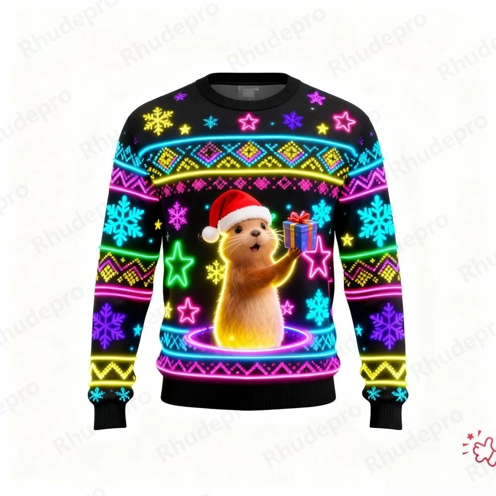 Funny Neon Animal Graphic Ugly Christmas Sweater For Women Clothes Fake Neon Santa Pullover Unisex Sweatshirt Polyester Y2k Tops