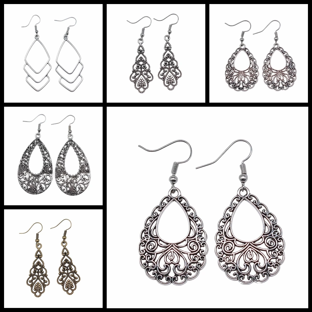 Bohemia Heart Shape Carved Flower Geometry Teardrop Antique Silver Color Drop Dangle Earring For Women Vintage Metal Earrings