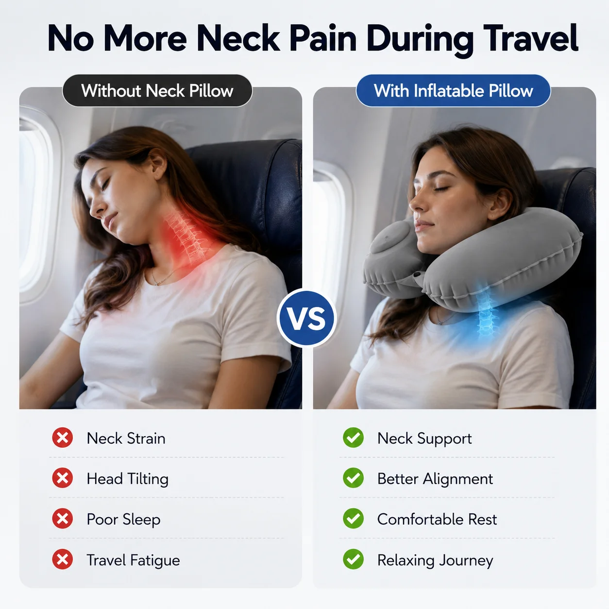 Portable Inflatable Neck Pillow for Travel Neck Support Pillow Soft Foldable Travel Headrest for Flights Cars Trains