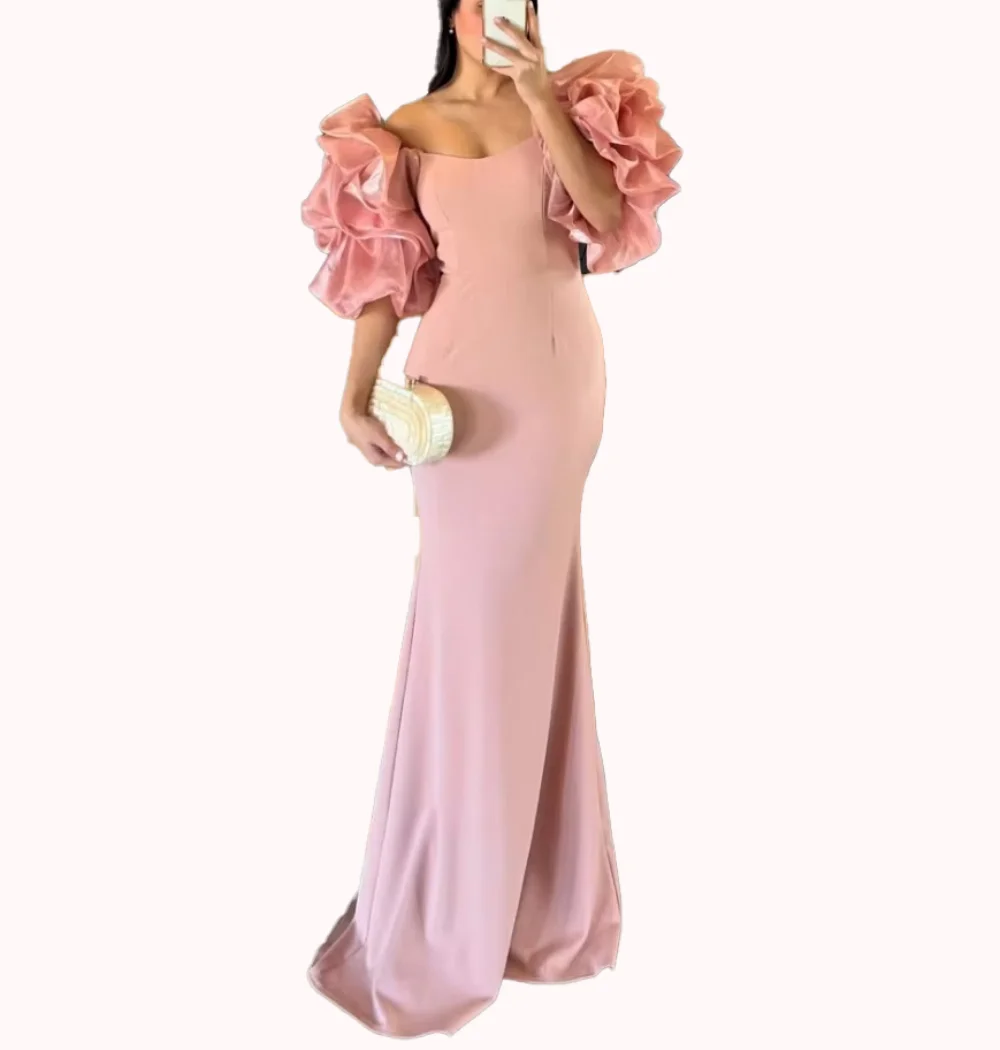 Rosa puff manga vestidos de baile sem alças sereia vestido de noite elegante vestido de festa de casamento ruched babados volta zíper personalizado