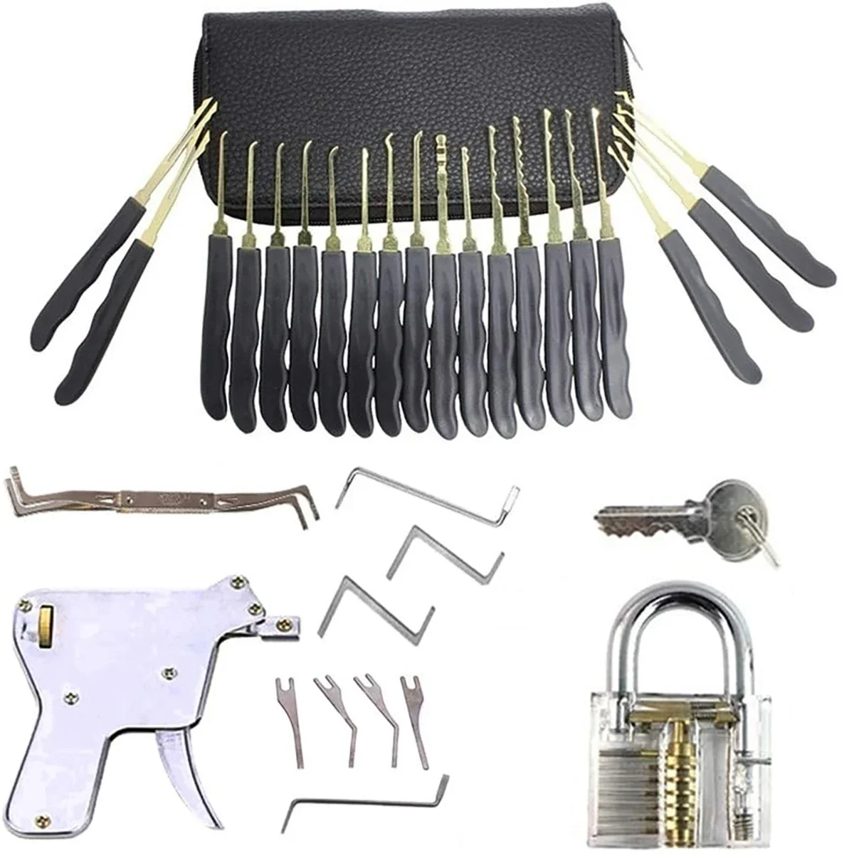 Lock Pick Set with Transparent Training Locks,  Pick Gun Set for Beginner and Pro Locksmiths