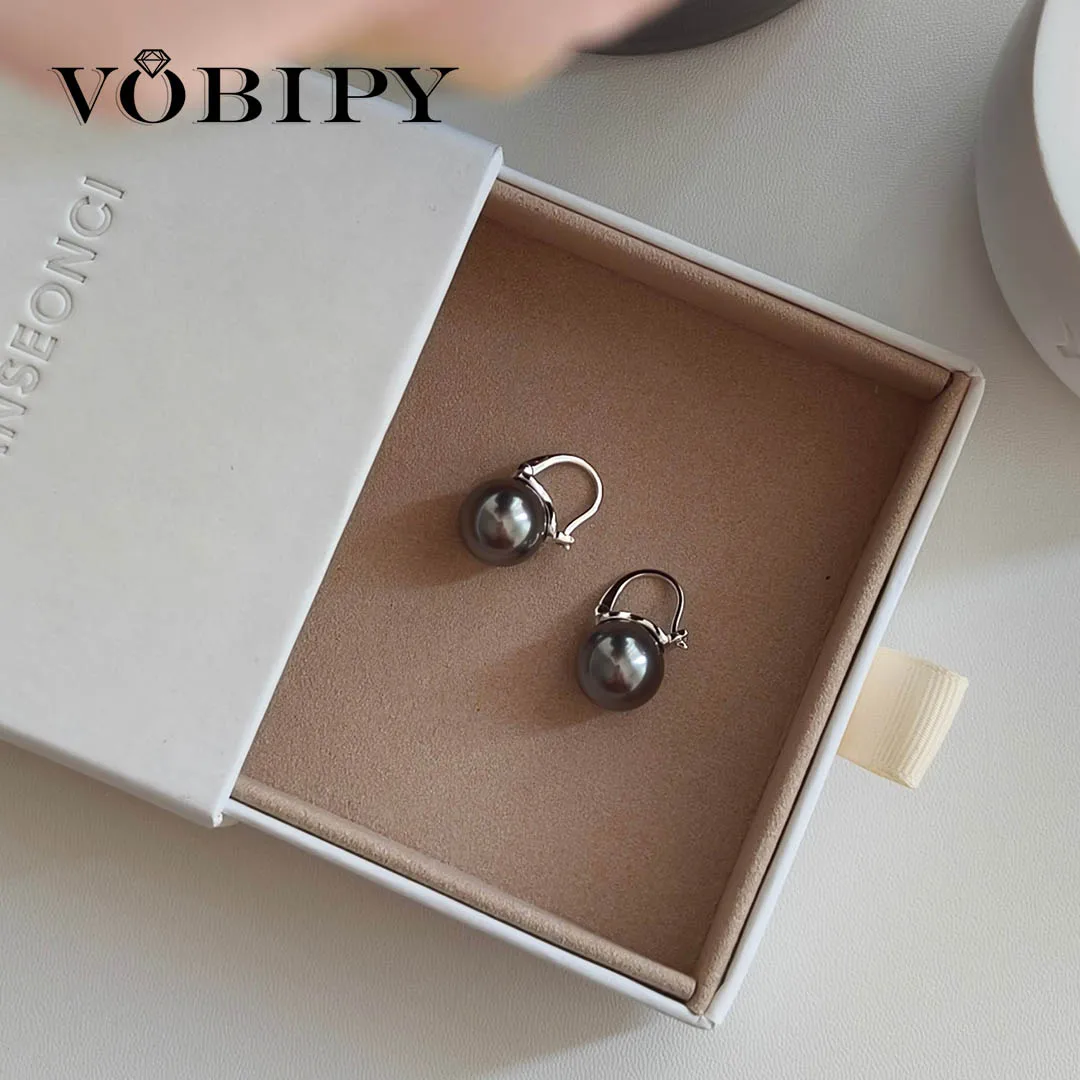 VOBIPY 925 Sterling Silver Earring Black Color Pearl Earring For Women Wedding Party Gift Fashion Jewelry 10-12mm Shell Pearl