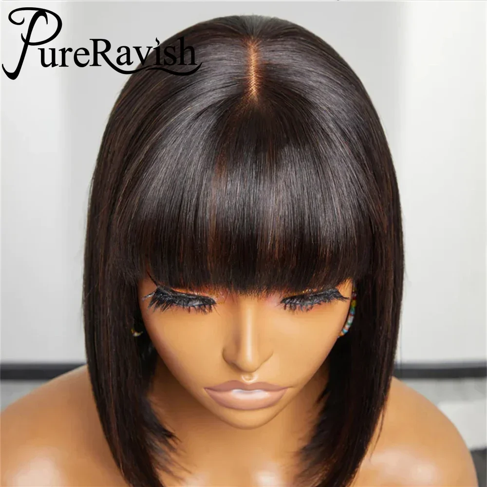 Short Bob Wig With Bangs Straight Hair Realistic Look Fake Lace Scalp Bob Wigs Brazilian Human Hair Glueless Bob Wig With Bangs