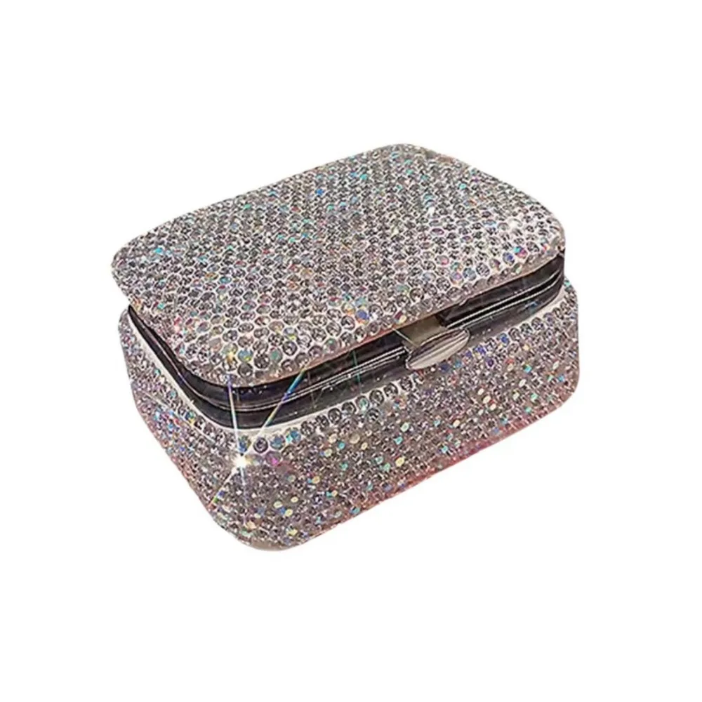 

Bling Mini Jewelry Box with Mirror Luxury Creative Diamond Jewelry Box Silver Square Travel Jewelry Display Stand