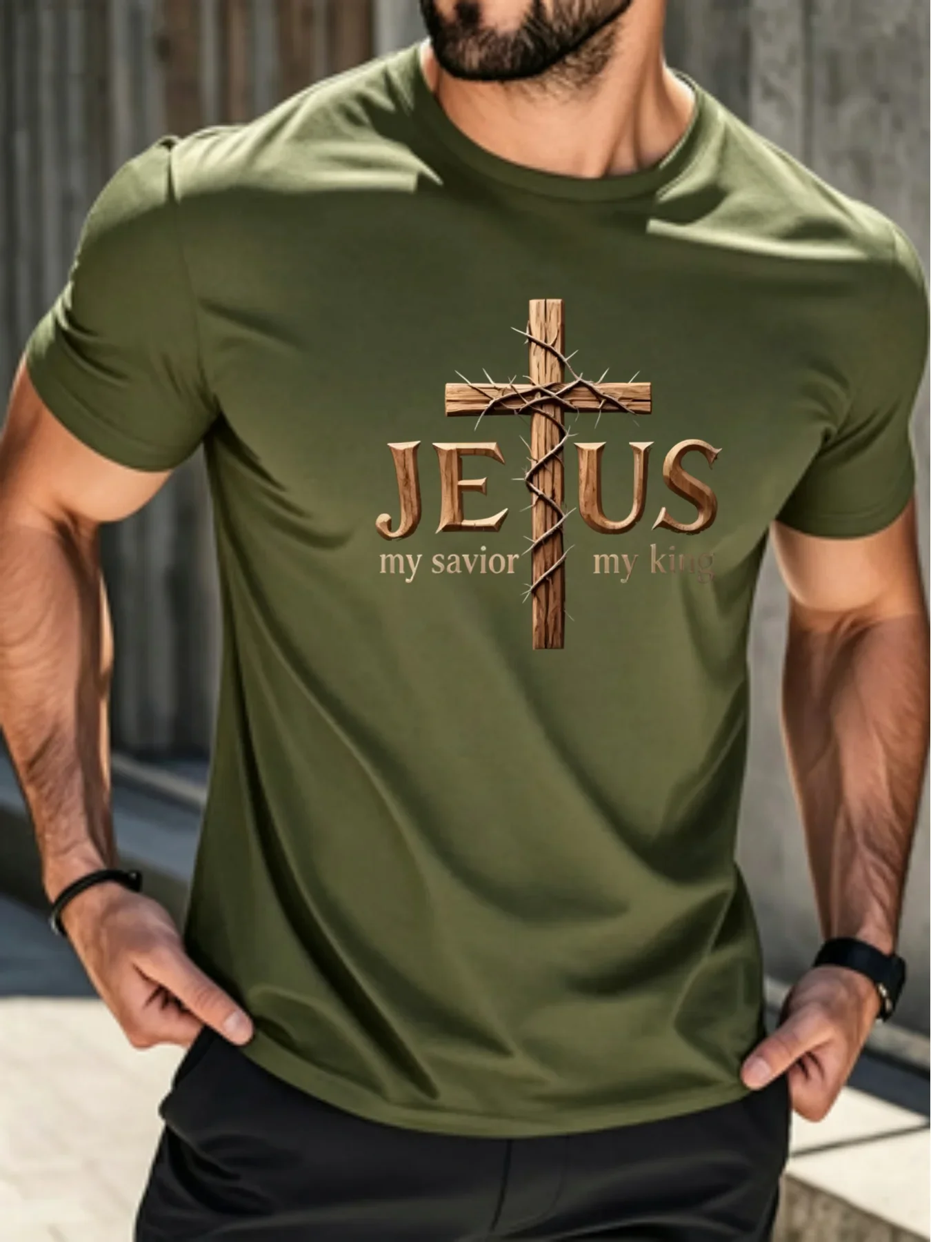 Trendy Men's Cross Faith Print Crew Neck T-shirt Summer Outdoor Breathable Short Sleeve Tops Believer Daily Casual Tees