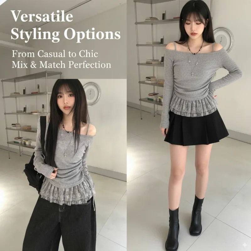 

Butterfly Knot Ruched Lace Two-Piece Set Y2K Off-Shoulder Top Camisole Pure Desire Hollow Out Hot Girl Long Sleeve Loose Set New