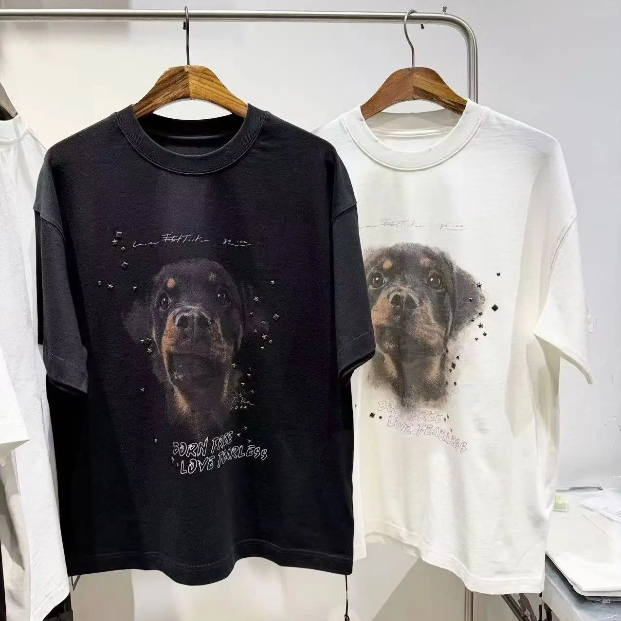 American High Street Dog Sequined Printed Loose Short‑Sleeved Men's And Women's Trendy Round‑Neck T‑Shirts