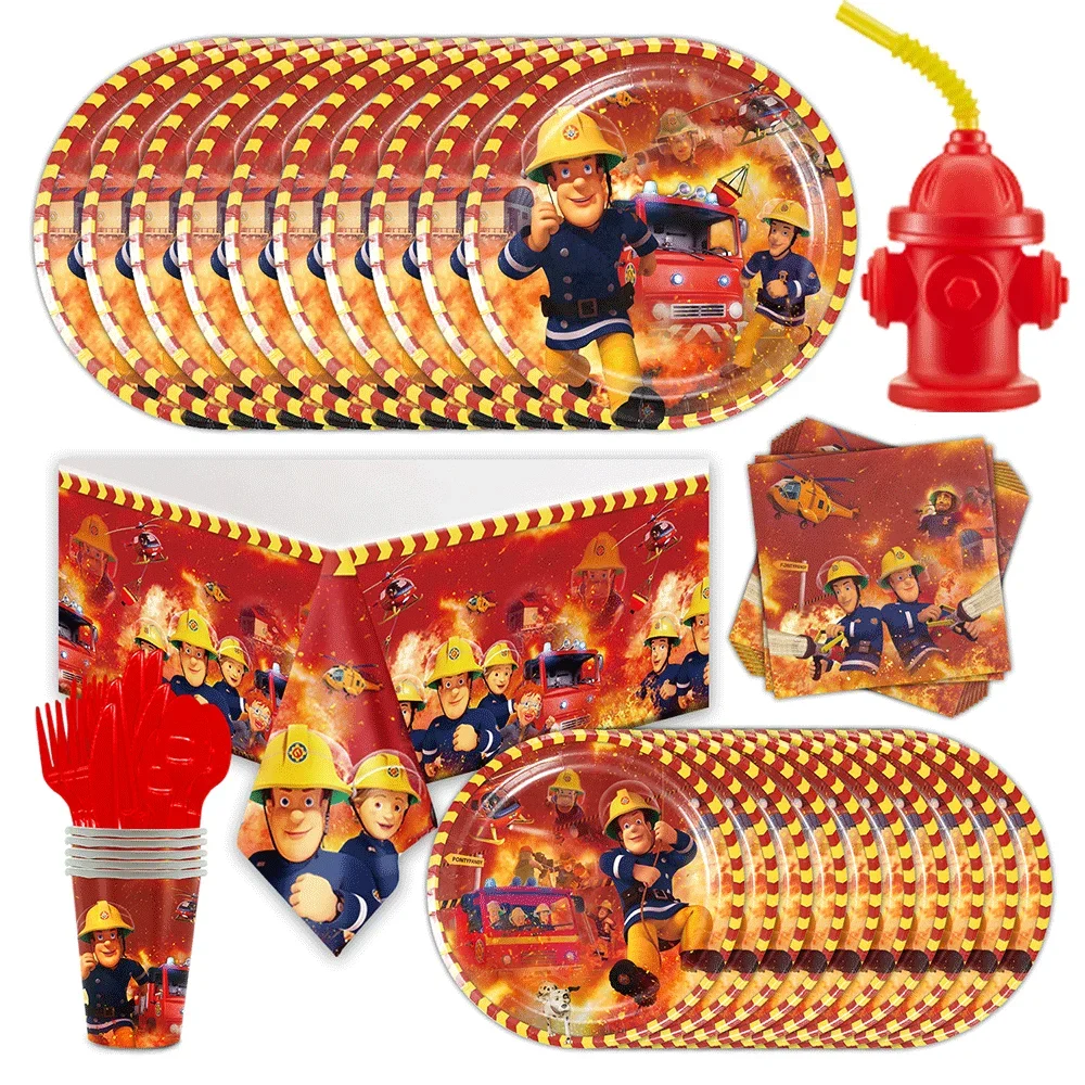 Fireman Sam Birthday Party Decoration Tableware Balloons Banner Fire Hydrant Straw Cups With Lids for Kids Firefighter Gift Boys