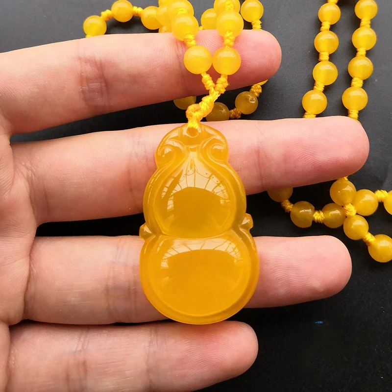 Excellent Yellow Agate Pendant Gourd Amulet Lucky Mascot Chalcedony Hanging Talisman With Bead Necklace Nice