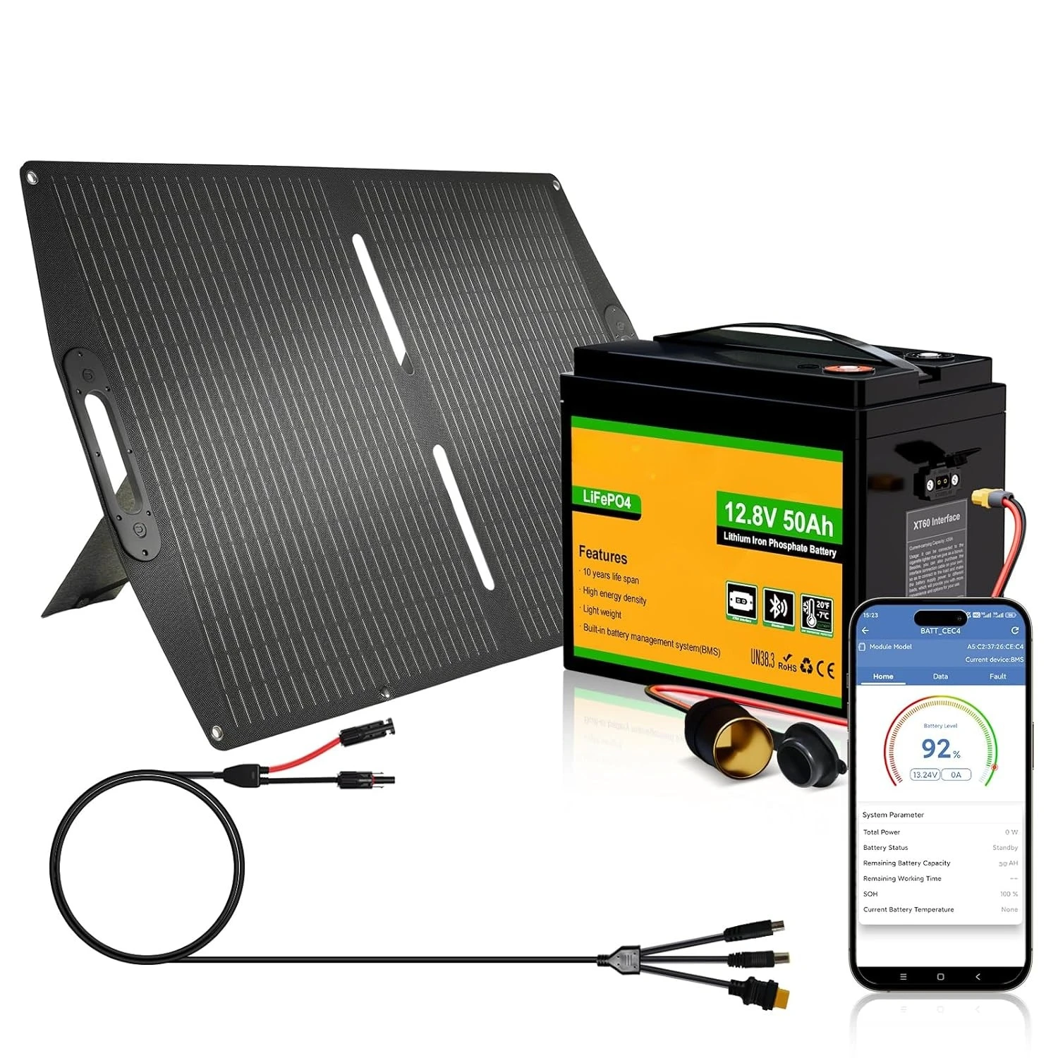 

12V 50Ah LiFePO4 Lithium Battery with 100W Portable Solar Panel, Bluetooth 5.0, Low Temp Protection, Connects, Customized
