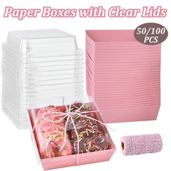 50 Pack Paper Charcuterie Boxes with Clear Lids 4 Inches Pink bento cake Boxes Disposable Food Container for Sandwich Cake Slice