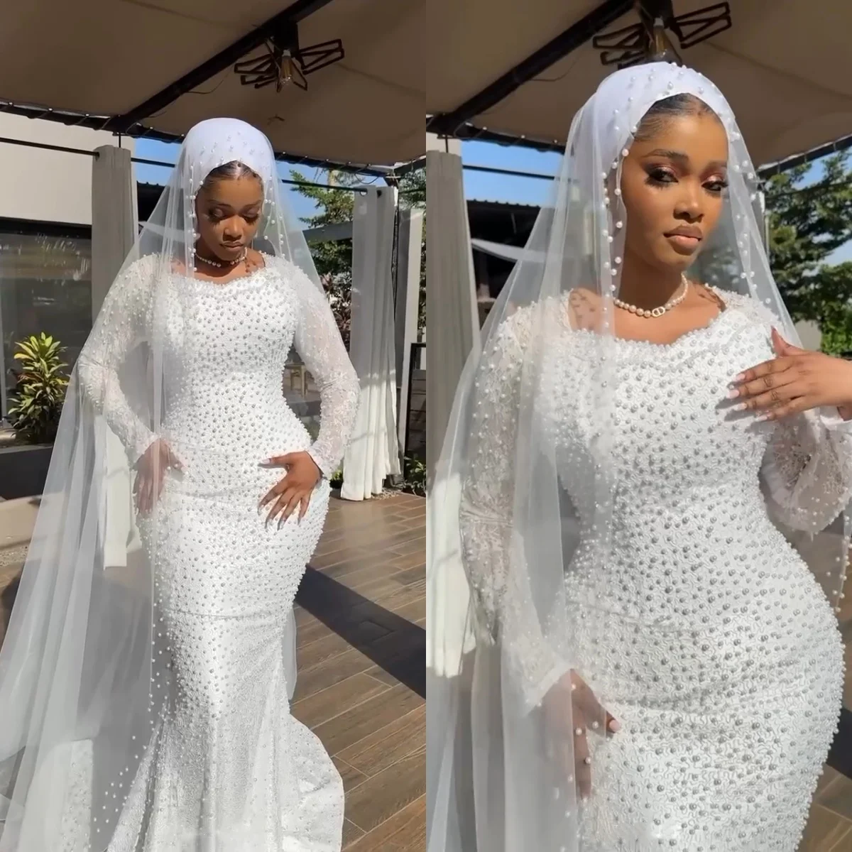 

Custom Luxury Pearl Beaded Muslim Mermaid Wedding Dress 2026 Long Sleeve Bridal Gown Chapel Train Plus Size Vestido De Novia