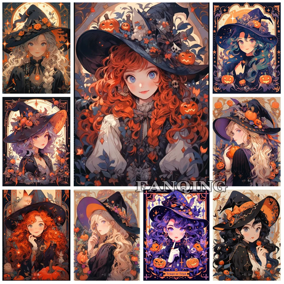 Halloween Lovely Witch 5D DIY Full Diamond Painting Cartoon Girl Fantasy Pumpkin Cross Stitch Embroidery Mosaic For Home Decor