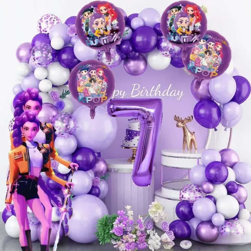K-Pop Birthday Party Decorations, Purple Pink Balloon Garland Kit with Foil Balloons & Happy Birthday Backdrop Party - view 3