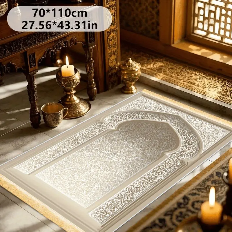 VIKAMA White Relief Scroll Grass Mosque Arch Prayer Mat, Wear-Resistant & Washable, Non-Slip Kneeling Carpet for Salah