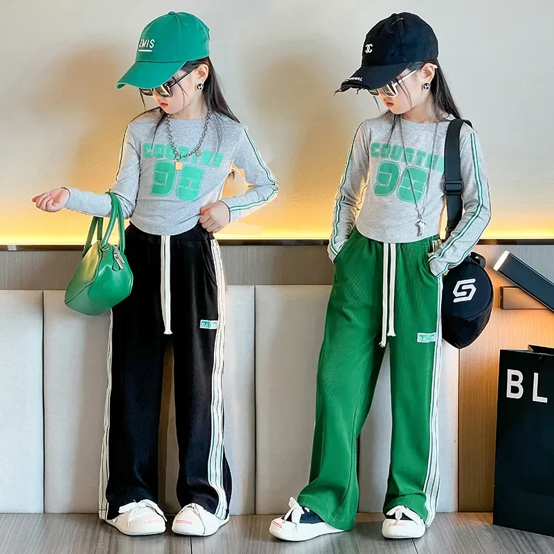 Girls Spring and Autumn Clothing Children Long Sleeve T-shirt Top and Striped Pants 2 Piece Fashion Casual Sports Set 6 to 15Y