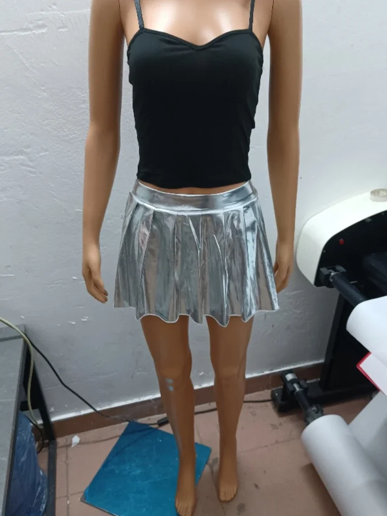 Silver Ruffles Mini Skirts Y2k Women Night Clubwear Sexy Metallic Leather Low Waist A-line Super Short Pleated Skirts Casual