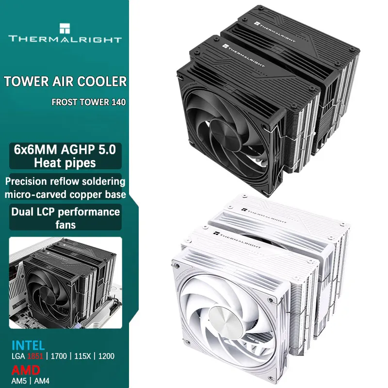 Enfriador de Aire de Torre Thermalright FROST TOWER 140, 7 AGHP, Tubo de Calor Antigravedad 5.0, Ventiladores de Rendimiento Dual LCP para LGA1851/1700 AM5