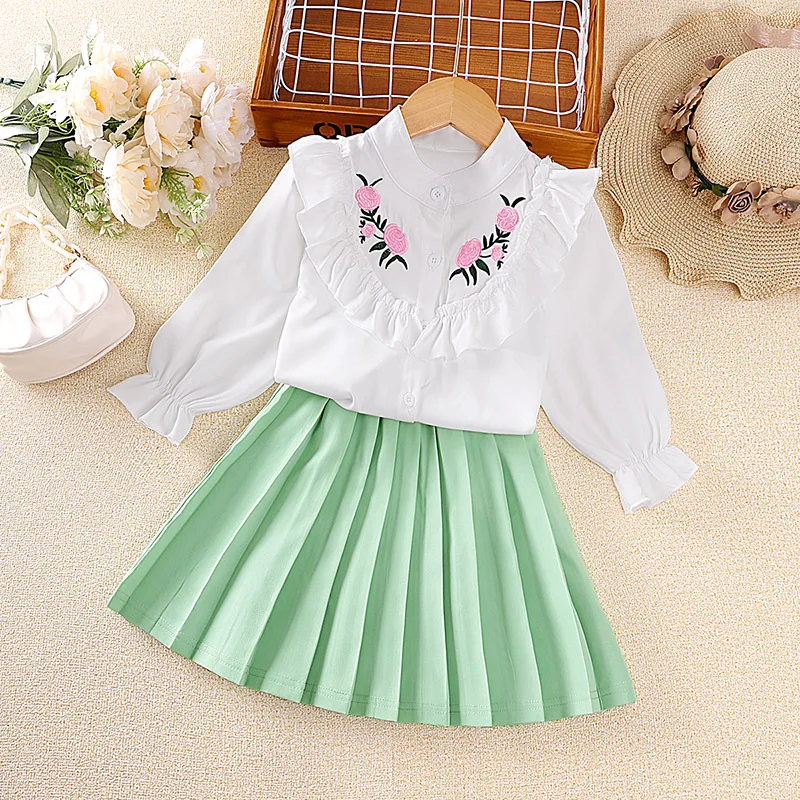 Girls Spring Autumn Two Piece Sets White Lace Embroidery Long Sleeve Blouse & Green Plrteated Skirt Cute Preppy Style Outifits