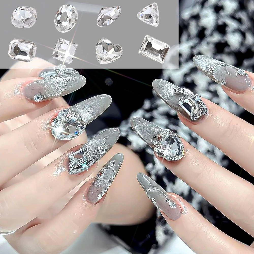 25 Stück 3D-Glas bunte Kristall-Strass-Nagel-Charms mit spitzem Boden, Herz/Oval/Quadrat, Edelstein-Schmuck, Diamant-Dekoration