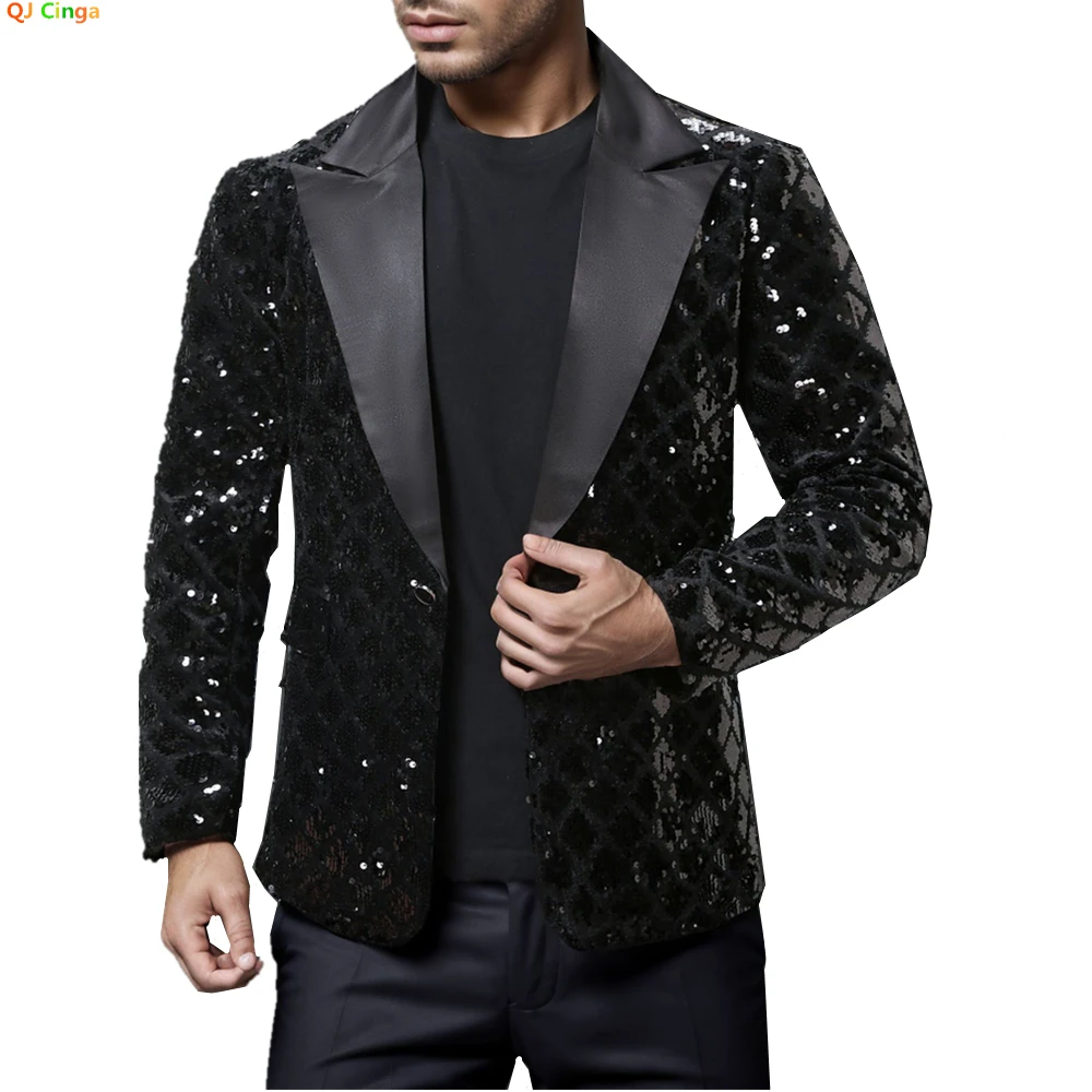 Chaqueta de traje de lentejuelas brillantes doradas para hombre, chaquetas de rendimiento de boda, abrigo de vestido de fiesta, Blazers negros