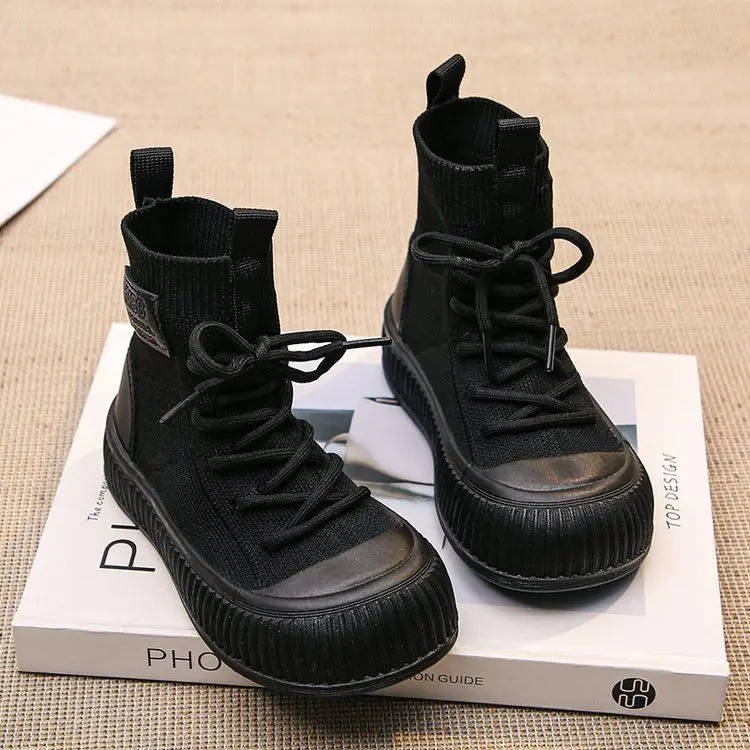 Winter Kids Leather Boots with Flat Bottom Low Cut Front Lace Up Leather Splicing Fashion Socks and Boots Sandalias De Mujer