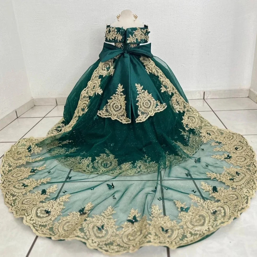 Customized Dark Green Flower Girl Dress Gold Floral Embroidery With Bow And Trailing For Wedding Birthday Party Banquet Gown