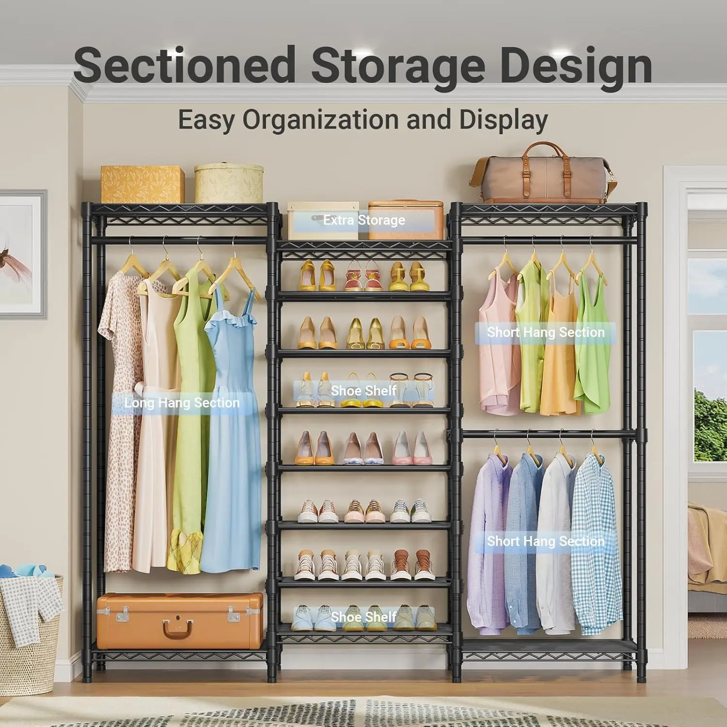 rment Rack Freestanding Clothes Rack Closet Storage Organizer Large Wardrobe with 6-Tier Shoe Rack, Hanging Rod, Adjustable Shel