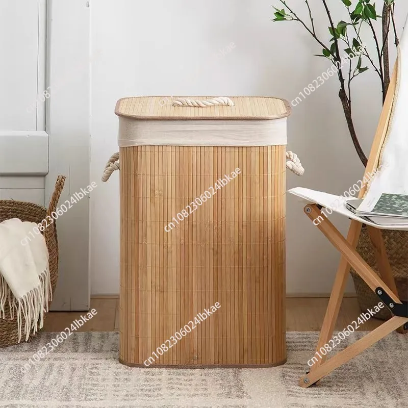Portable Large Capacity Household Foldable Rattan Laundry Basket in Natural Material Bamboo, Eco-Friendly Storage with Cover