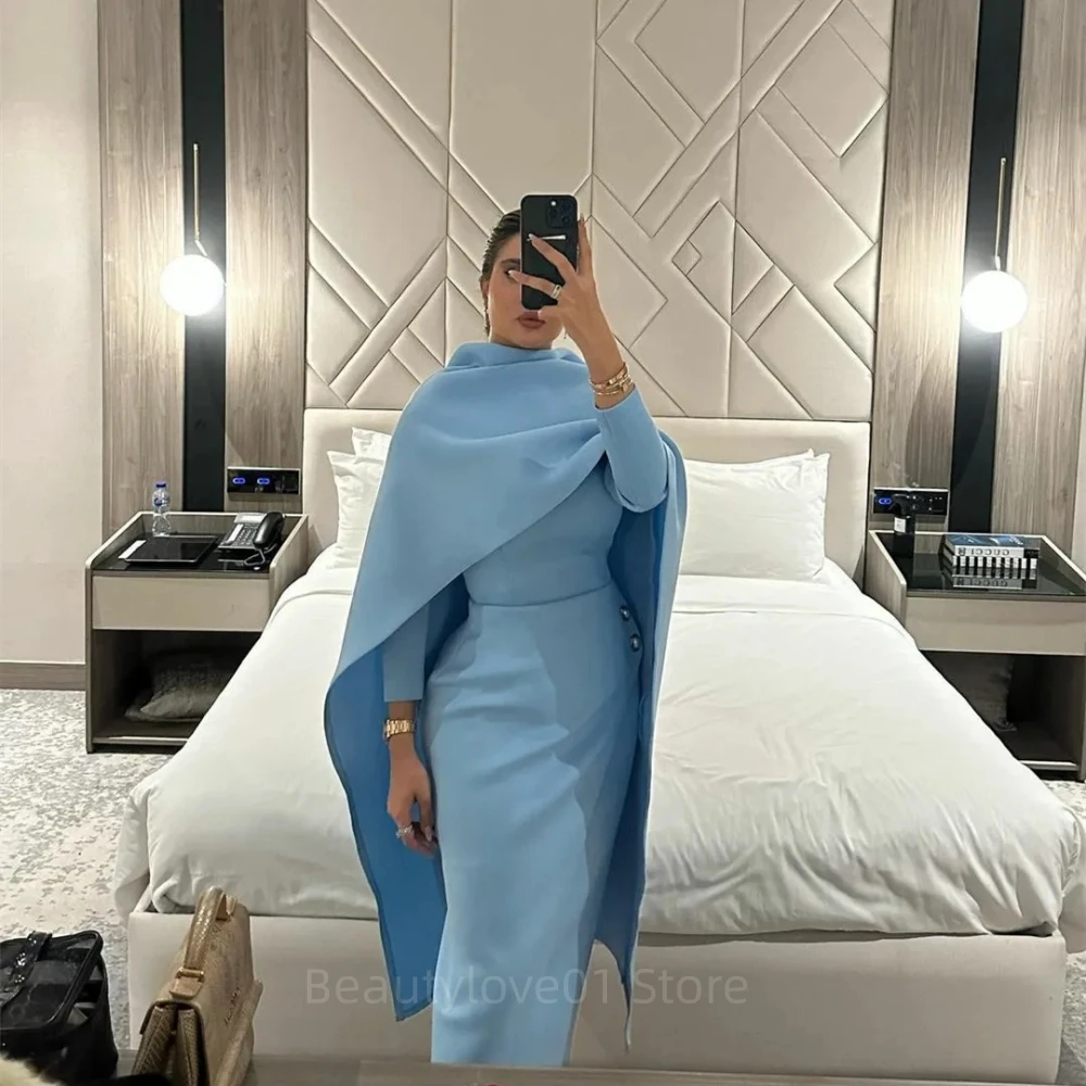 

Classic Light Blue Ankle-Length O-Neck Evening Dresses فساتين السهرة Pleated Prom Dress Robe De Soirée For Women Vestido Festa