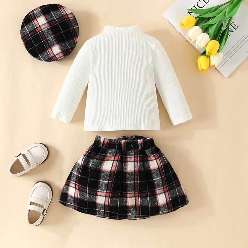 Autumn Winter Baby Girl Set Long Sleeve Turtleneck Tee Plaid Skirt Beret 3Piece Set 6 Months To 3 Years Old Toddler Girl Clothes