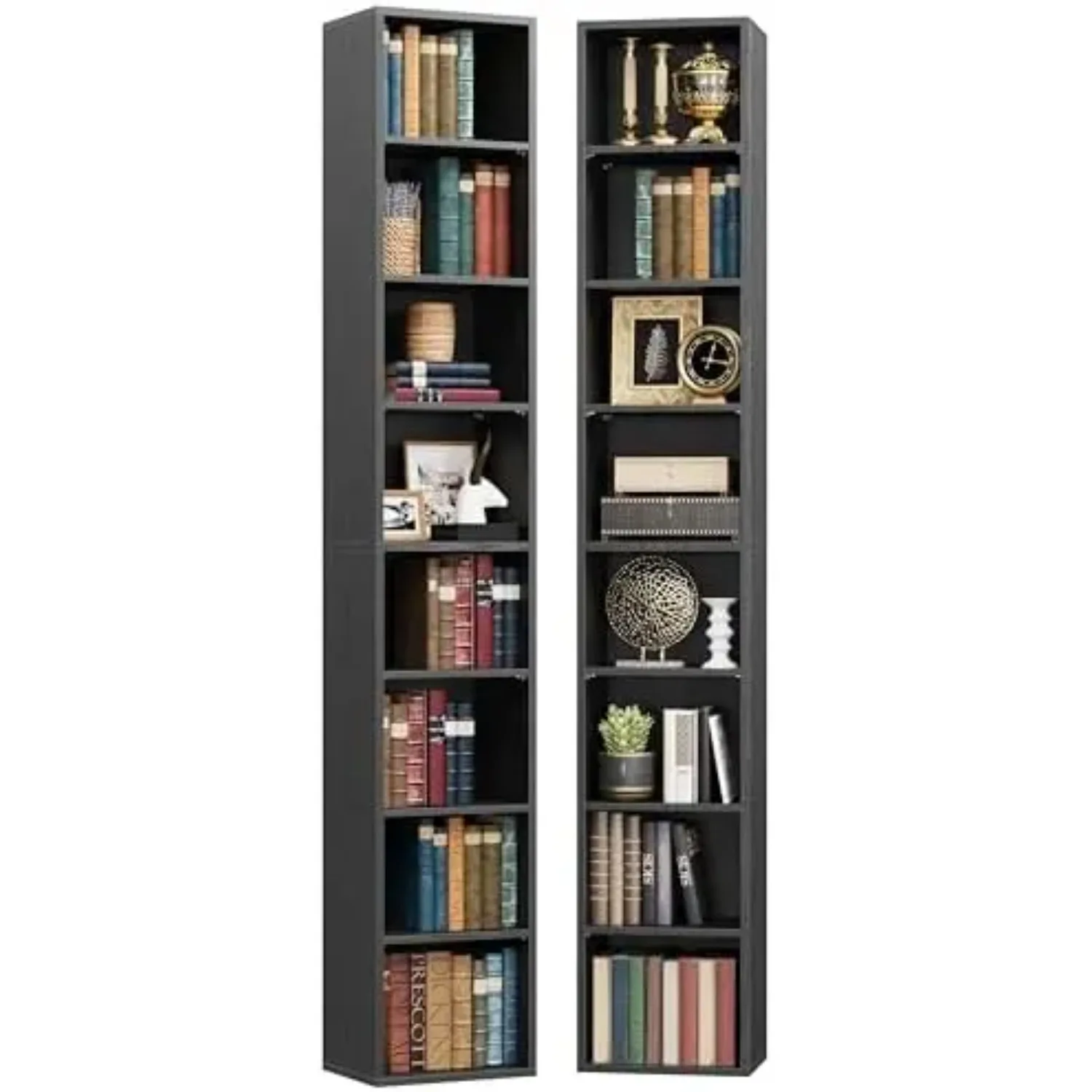 Tall Narrow Bookshelf 8 Tiers 71in Set of 2, Compact Corner Bookcase | 4 Adjustable Shelves. Compact Corner-fit Design