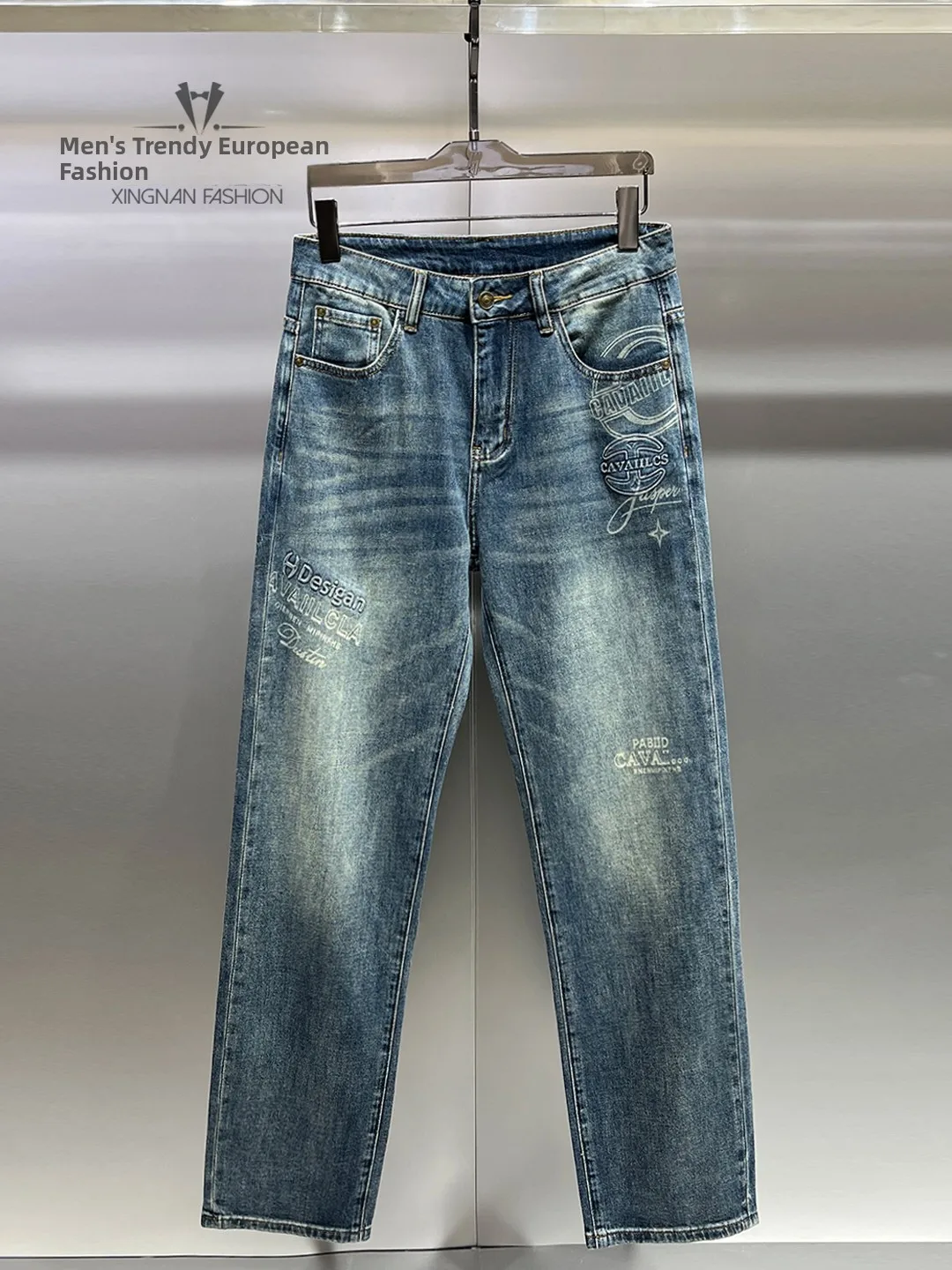 

Spring Summer Trendy Men's Straight Leg Jeans Faion Waed Casual Letter Print Blue Loose Long Pants Comfortable Breathable