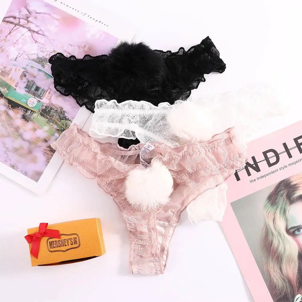 

Cute Breathable Rabbit Tail Low Waist Lace Panties Thong G-string