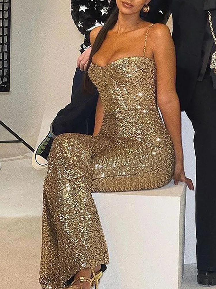 

Элегантный темпераментный комбинезон с открытой спиной, сексуальный комбинезон с открытыми плечами и высокой талией, длинные брюки, женский модный комбинезон с блестящими пайетками для вечеринки