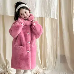 Winter New Girls Faux Fur Jacket Children's Imitation Mink Fur Thickening Warm Overcoat Coat A4253