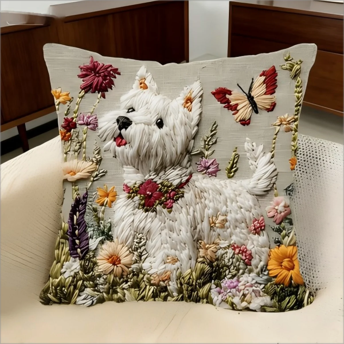 2D Westie Pillow Cover Cute West Highland Terrier with Flowers Print Cushion Case for Sofa Couch Home Decor