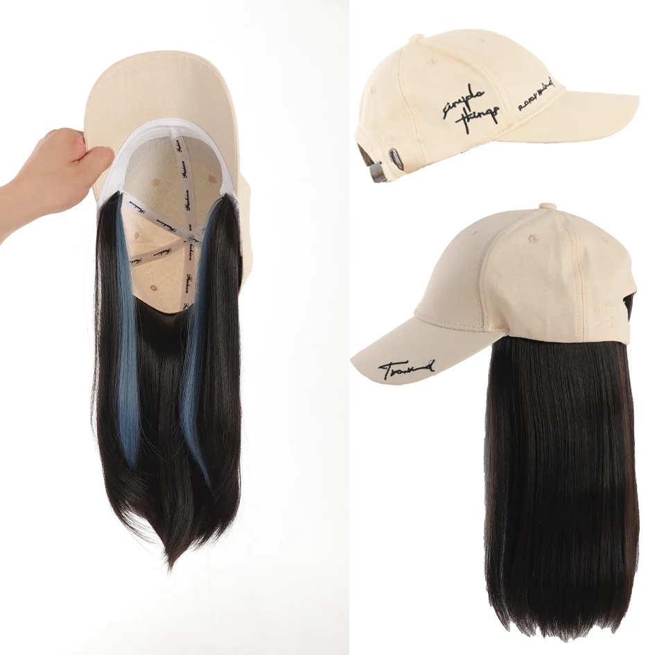 Allaosify topi bisbol bordir wanita, topi ekstensi rambut lurus sulaman huruf krem muda 12 inci rambut sintetis