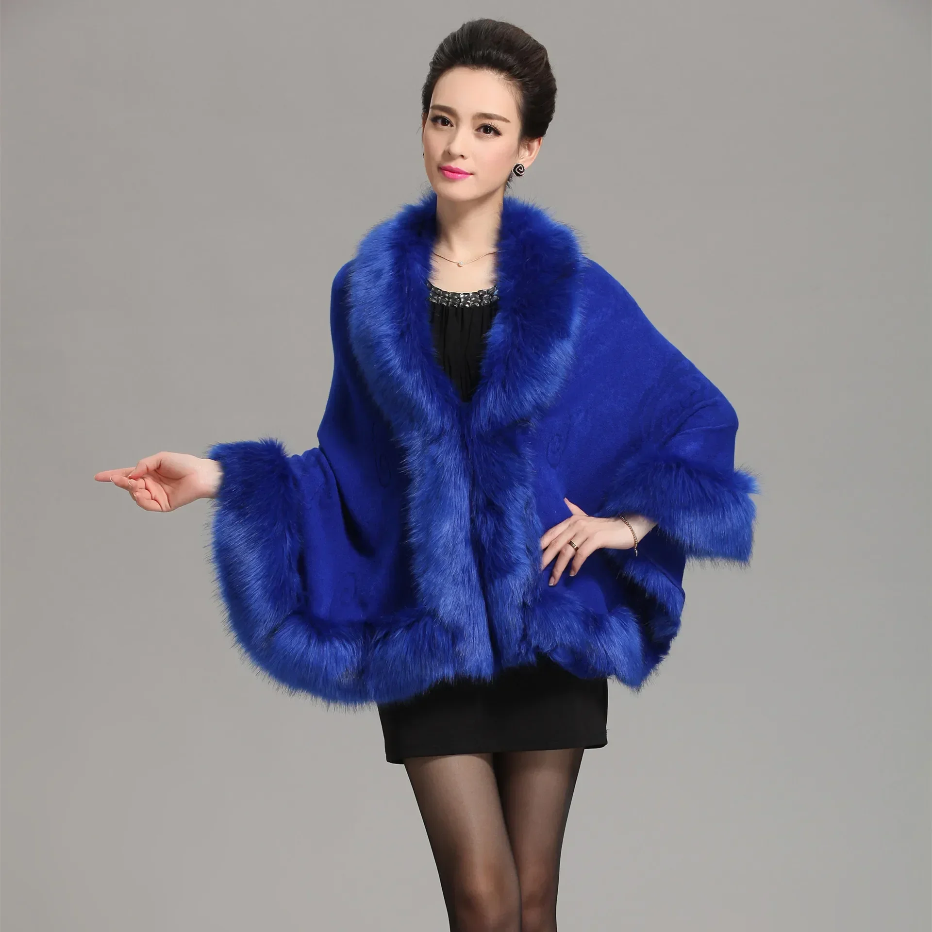 13 Colors Faux Fox Fur Collar Wool CashmereCapes New Winter Women Black White Knitted Cardigan Loose Emboss Shawl Coat