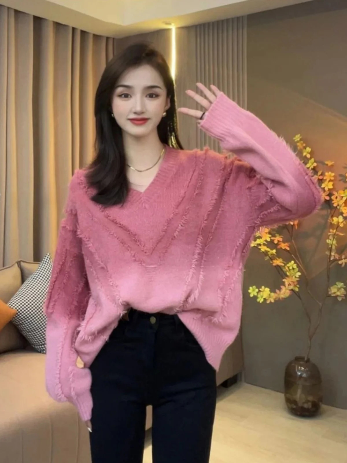 

Свободный повседневный вязаный свитер с V-образным вырезом и градиентным цветом, в стиле Lazy Sle, для женщин, осенне-зимний, новая модная коллекция, элегантный топ, удобный, длинный.