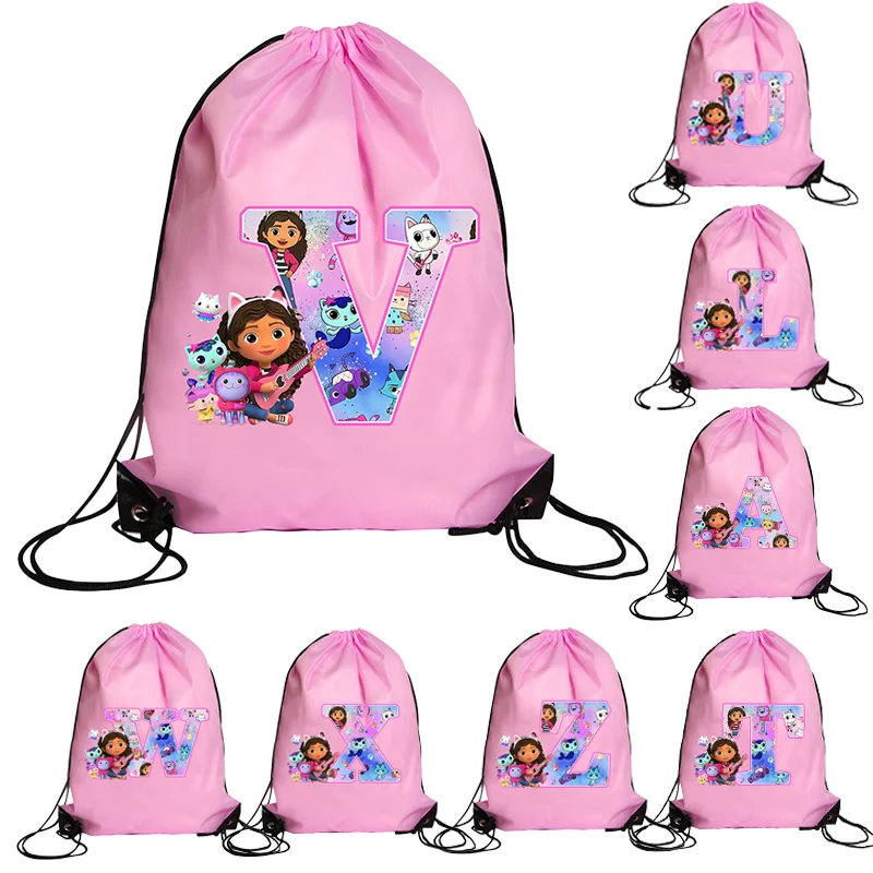 Gabby's Dollhouse Drawstring Bag, Bolsas de Cordas para Meninas, Piscina, Roupas, Armazenamento de Sapatos, Embalagem Impermeável, Mochila Rosa