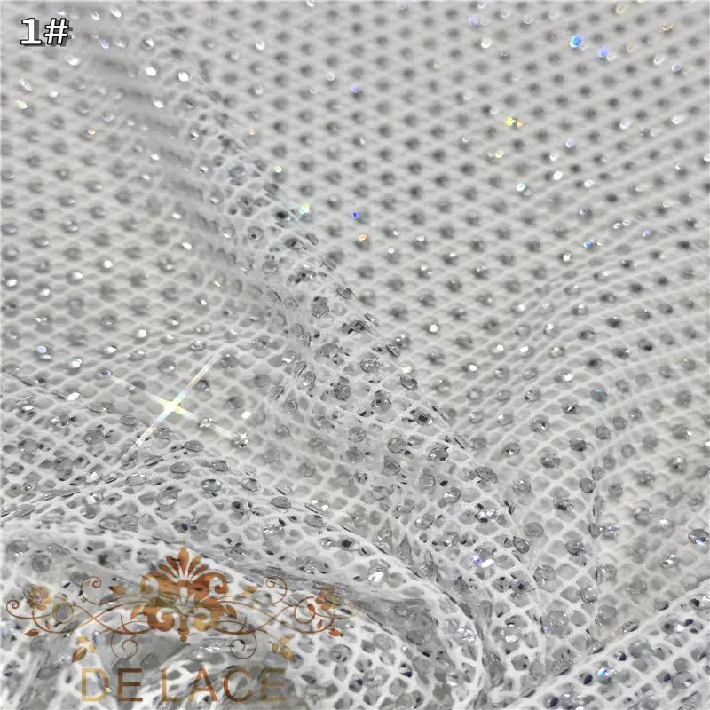 

Shiny Crystal Lace Fabric Colorful Rhinestone Polyester Fabric for Clothing